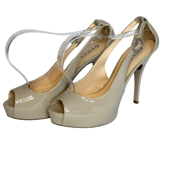 GUESS Women Beige Patent Leather Platform Peep Toe Stiletto Heels 8.5M Sexy 00s - Picture 1 of 7